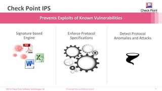 ©2016 Check Point Software Technologies Ltd. 15[Protected] Non-confidential content
Check Point IPS
Prevents Exploits of Known Vulnerabilities
Enforce Protocol
Specifications
Detect Protocol
Anomalies and Attacks
Signature based
Engine
 