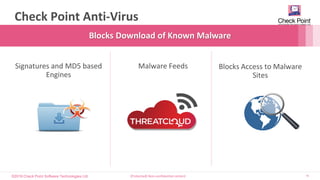©2016 Check Point Software Technologies Ltd. 19[Protected] Non-confidential content
Check Point Anti-Virus
Blocks Download of Known Malware
Signatures and MD5 based
Engines
Malware Feeds Blocks Access to Malware
Sites
 