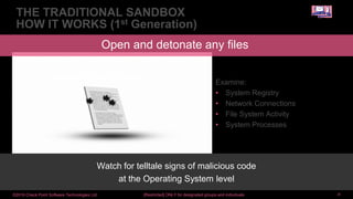 ©2016 Check Point Software Technologies Ltd. 26[Restricted] ONLY for designated groups and individuals
Examine:
• System Registry
• Network Connections
• File System Activity
• System Processes
Open and detonate any files
THE TRADITIONAL SANDBOX
HOW IT WORKS (1st Generation)
Watch for telltale signs of malicious code
at the Operating System level
TH R E AT C O N TAI N E D
 