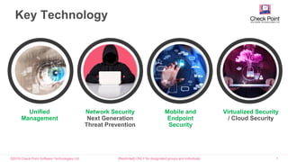 ©2016 Check Point Software Technologies Ltd. 4
Key Technology
[Restricted] ONLY for designated groups and individuals​
Unified
Management
Network Security
Next Generation
Threat Prevention
Mobile and
Endpoint
Security
Virtualized Security
/ Cloud Security
 