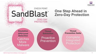 ©2016 Check Point Software Technologies Ltd. 45
One Step Ahead in
Zero-Day Protection
Proactive
Prevention
Catches
More
Malware
Complete
Integrated
Protection
Emulation
CPU-Level
Detection
Threat
Extraction
Threat
Prevention Suite
 