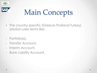 Main Concepts
? The country specific (Greece-Thailand-Turkey)
  solution uses terms like:

-   Portfolio(s).
-   Transfer Account.
-   Interim Account.
-   Bank Liability Account.
 
