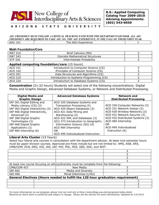 For more information on our program, please visit our web site at http://newcollege.asu.edu/programs/index.shtml
Material on check sheet is unofficial and subject to change. Please see the advisor for more information. Updated on 3/4/2010
B.S.: Applied Computing
Catalog Year 2009-2010
Advising Appointments:
(602) 543-6050
ASU FRESHMEN MUST FOLLOW A CRITICAL TRACKING PATH WITH THE DEPARTMENTADVISOR. ALL ASU
FRESHMEN ARE REQUIRED TO TAKE ASU 101, THE ASU EXPERIENCE, IN THE FALL OF THEIR FIRST YEAR.
ASU 101 The ASU Experience 1
Math Foundation/Core
MAT 210 Brief Calculus (MA) 3
MAT 243 Discrete Mathematical Structures 3
STP 326 Intermediate Probability 3
Applied computing foundation/core (15 hours)
ACO 101 Introduction to Computer Science (CS) 3
ACO 102 Principles of Computer Science (CS) 3
ACO 201 Data Structures and Algorithms (CS) 3
ACO 210 Introduction to Systems Programming (CS) 3
ACO 220 Introduction to Database Systems (CS) 3
Concentration (21-22 hours) Students will select one of the following concentrations: Digital
Media and Graphic Design, Advanced Database Systems, or Network and Distributed Processing.
Digital Media and
Graphic Design
Advanced Database Systems Network and
Distributed Processing
IAP 361 Digital Editing and
Media Literacy (CS) (3)
IAP 365 Digital Interactivity (3)
IAP 466 Digital Interactivity,
Advanced (3)
IAP 368 Digital Graphic
Technologies (3)
IAP 468 Digital Graphic
Applications (3)
IAP 484 Internship (6)
ACO 320 Database Systems and
Transaction Processing (3)
ACO 420 Object Databases (3)
ACO 421 Data Mining and
Warehousing (3)
ACO 422 XML and Databases (3)
GCU 373 Introduction to Geographic
Information Science (SG) (4)
ACO 484 Internship
OR
ACO 499 Individualized Instruction
ACO 330 Computer Networks (3)
ACO 331 Network Design (3)
ACO 430 Wireless Networks (3)
ACO 431 Network Security (3)
ACO 432 Distributed Systems (3)
ACO 484 Internship
OR
ACO 499 Individualized
Instruction (6)
Liberal Arts Cluster (15 hours)
Select four liberal arts courses in consultation with the department advisor. At least nine semester hours
must be upper-division courses. Approved pre-fixes include but are not limited to: AMS, ASB, ARS,
CMN/COM, ECN, ENG, HIS, IAS, IAP, PHI, POL, PGS, SBS, SOC, and WST.
At least one course focusing on ethics/diversity must be complete from the following:
CMN/COM 457 New Media 3
IAP 464 Media and Diversity 3
IAS 406 Moral Dilemmas (L/HU) 3
General Electives (Hours needed to fulfill the 120 hour graduation requirement)
3
3
3
3
3
3
3
 