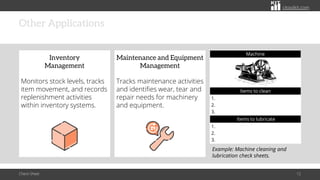 citoolkit.com
citoolkit.com
citoolkit.com
Other Applications
Check Sheet 12
Maintenance and Equipment
Management
Tracks maintenance activities
and identifies wear, tear and
repair needs for machinery
and equipment.
Inventory
Management
Monitors stock levels, tracks
item movement, and records
replenishment activities
within inventory systems.
Example: Machine cleaning and
lubrication check sheets.
Machine
Items to clean
1.
2.
3.
Items to lubricate
1.
2.
3.
 