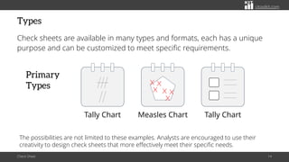 citoolkit.com
citoolkit.com
citoolkit.com
Types
Check sheets are available in many types and formats, each has a unique
purpose and can be customized to meet specific requirements.
Check Sheet 14
The possibilities are not limited to these examples. Analysts are encouraged to use their
creativity to design check sheets that more effectively meet their specific needs.
Tally Chart Measles Chart Tally Chart
Primary
Types
 