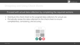 citoolkit.com
citoolkit.com
citoolkit.com
Designing and Using Check Sheets
Check Sheet 38
Proceed with actual data collection by completing the required sections
• Distribute the check sheet to the assigned data collectors for actual use.
• Periodically review the data collected on the check sheet to ensure
completeness, consistency, and accuracy.
 
