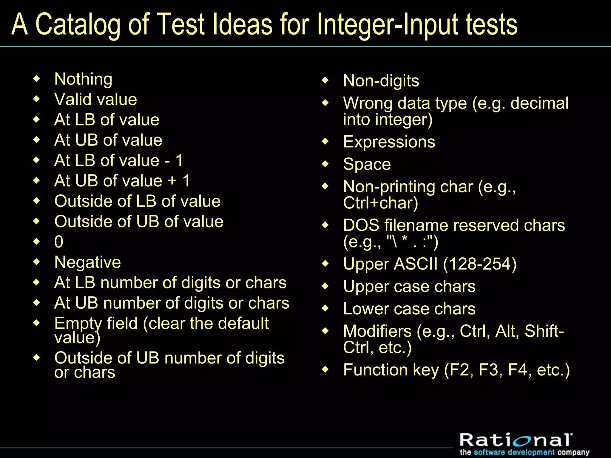 A Catalog of Test Ideas for Integer-Input tests
 Nothing
 Valid value
 At LB of value
 At UB of value
 At LB of value - 1
 At UB of value + 1
 Outside of LB of value
 Outside of UB of value
 0
 Negative
 At LB number of digits or chars
 At UB number of digits or chars
 Empty field (clear the default
value)
 Outside of UB number of digits
or chars
 Non-digits
 Wrong data type (e.g. decimal
into integer)
 Expressions
 Space
 Non-printing char (e.g.,
Ctrl+char)
 DOS filename reserved chars
(e.g., " * . :")
 Upper ASCII (128-254)
 Upper case chars
 Lower case chars
 Modifiers (e.g., Ctrl, Alt, Shift-
Ctrl, etc.)
 Function key (F2, F3, F4, etc.)
 