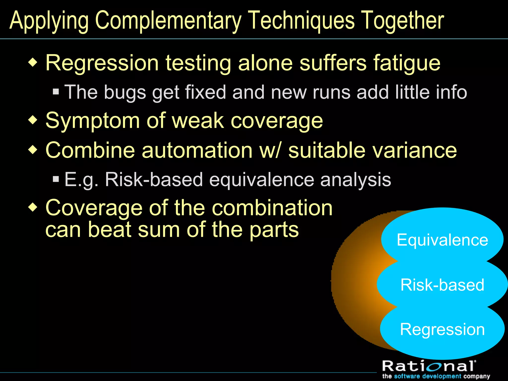 Applying Complementary Techniques Together
 Regression testing alone suffers fatigue
 The bugs get fixed and new runs add little info
 Symptom of weak coverage
 Combine automation w/ suitable variance
 E.g. Risk-based equivalence analysis
 Coverage of the combination
can beat sum of the parts Equivalence
Risk-based
Regression
 