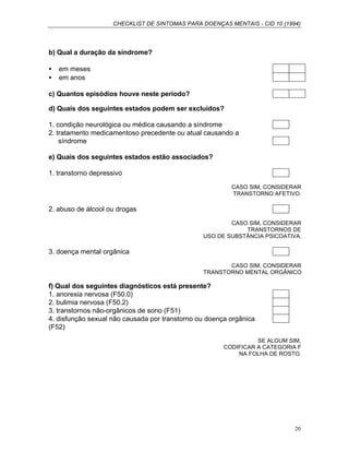 CHECKLIST DE SINTOMAS PARA DOENÇAS MENTAIS - CID 10 (1994)
20
b) Qual a duração da síndrome?
• em meses
• em anos
c) Quantos episódios houve neste período?
d) Quais dos seguintes estados podem ser excluídos?
1. condição neurológica ou médica causando a síndrome
2. tratamento medicamentoso precedente ou atual causando a
síndrome
e) Quais dos seguintes estados estão associados?
1. transtorno depressivo
CASO SIM, CONSIDERAR
TRANSTORNO AFETIVO.
2. abuso de álcool ou drogas
CASO SIM, CONSIDERAR
TRANSTORNOS DE
USO DE SUBSTÂNCIA PSICOATIVA.
3. doença mental orgânica
CASO SIM, CONSIDERAR
TRANSTORNO MENTAL ORGÂNICO
f) Qual dos seguintes diagnósticos está presente?
1. anorexia nervosa (F50.0)
2. bulimia nervosa (F50.2)
3. transtornos não-orgânicos de sono (F51)
4. disfunção sexual não causada por transtorno ou doença orgânica
(F52)
SE ALGUM SIM,
CODIFICAR A CATEGORIA F
NA FOLHA DE ROSTO.
 