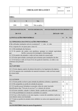 CHECK-LIST DO LAYOUT
Data:
06/05/2015
Folha Nº.
02/09
OBRA:
S N NA
SIM NÃO Não se aplica
PONTOS POSSÍVEIS (PP) PONTOS OBTIDOS (PO) PONTOS POSSÍVEIS PONTOS OBTIDOS X 10
28+3=31 28 28/31x10 = 9,03
A) INSTALAÇÕES PROVISÓRIAS S N NA
A1) TIPOLOGIA DAS INSTALAÇÕES PROVISÓRIAS
• São utilizadas instalações móveis (containers)? ( ) sim (x ) não
• Se a resposta for sim passe para o item A2
A1.1) Há modulação dos barracos X
A1.2) Os painéis são unidos com parafusos, grampos ou solução equivalente
que facilite o processo de montagem e desmontagem
X
A1.3) Os painéis são pintados e estão em bom estado de conservação X
A1.4) Foram aproveitadas construções pré-existentes para instalações da obra X
A1.5) Os barracos estão em locais livres da queda de materiais, ou então a sua
cobertura tem proteção
X
Obs :
A2) TAPUMES
A2.1) Existe alguma espécie de pintura decorativa e/ou logomarca da empresa X
A2.2) Os tapumes são constituídos de material resistente e estão em bom estado
de conservação
X
Obs : X
A3) ACESSOS
A3.1) Existe portão exclusivo para entrada de pedestres (clientes e operários) X
A3.2) Há campainha no portão de entrada de pessoas X
A3.3) O portão possui fechadura ou puxador, além de conter inscrição
identificadora (tipo ″Entrada de pessoas″) e o número do terreno
X
A3.4) Existe caminho, calçado e coberto, desde o portão até a área edificada X
A3.5) Há possibilidade de entrada de caminhões no canteiro X
A3.6) Caso a obra localize-se em uma esquina, o acesso de caminhões é pela rua
com trânsito menos movimentado
X
A3.7) Junto ao portão de entrada existe cabideiro ou caixa com capacetes para os
visitantes
X
Obs :
A4) ESCRITÓRIO (Sala do mestre/Engenheiro)
 
