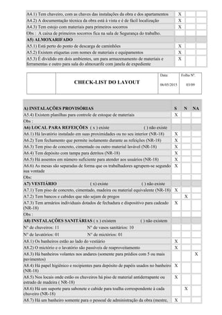 A4.1) Tem chaveiro, com as chaves das instalações da obra e dos apartamentos X
A4.2) A documentação técnica da obra está à vista e é de fácil localização X
A4.3) Tem estojo com materiais para primeiros socorros X
Obs : A caixa de primeiros socorros fica na sala de Segurança do trabalho.
A5) ALMOXARIFADO
A5.1) Está perto do ponto de descarga de caminhões X
A5.2) Existem etiquetas com nomes de materiais e equipamentos X
A5.3) É dividido em dois ambientes, um para armazenamento de materiais e
ferramentas e outro para sala do almoxarife com janela de expediente
X
CHECK-LIST DO LAYOUT
Data:
06/05/2015
Folha Nº.
03/09
A) INSTALAÇÕES PROVISÓRIAS S N NA
A5.4) Existem planilhas para controle de estoque de materiais X
Obs :
A6) LOCAL PARA REFEIÇÕES ( x ) existe ( ) não existe
A6.1) Há lavatório instalado em suas proximidades ou no seu interior (NR-18) X
A6.2) Tem fechamento que permite isolamento durante as refeições (NR-18) X
A6.3) Tem piso de concreto, cimentado ou outro material lavável (NR-18) X
A6.4) Tem depósito com tampa para detritos (NR-18) X
A6.5) Há assentos em número suficiente para atender aos usuários (NR-18) X
A6.6) As mesas são separadas de forma que os trabalhadores agrupem-se segundo
sua vontade
X
Obs:
A7) VESTIÁRIO ( x) existe ( ) não existe
A7.1) Tem piso de concreto, cimentado, madeira ou material equivalente (NR-18) X
A7.2) Tem bancos e cabides que não sejam de pregos X
A7.3) Tem armários individuais dotados de fechadura e dispositivo para cadeado
(NR-18)
X
Obs :
A8) INSTALAÇÕES SANITÁRIAS ( x ) existem ( ) não existem
N° de chuveiros: 11 N° de vasos sanitários: 10
N° de lavatórios: 01 N° de mictórios: 01
A8.1) Os banheiros estão ao lado do vestiário X
A8.2) O mictório e o lavatório são passíveis de reaproveitamento X
A8.3) Há banheiros volantes nos andares (somente para prédios com 5 ou mais
pavimentos)
X
A8.4) Há papel higiênico e recipientes para depósito de papéis usados no banheiro
(NR-18)
X
A8.5) Nos locais onde estão os chuveiros há piso de material antiderrapante ou
estrado de madeira ( NR-18)
X
A8.6) Há um suporte para sabonete e cabide para toalha correspondente à cada
chuveiro (NR-18)
X
A8.7) Há um banheiro somente para o pessoal de administração da obra (mestre, X
 