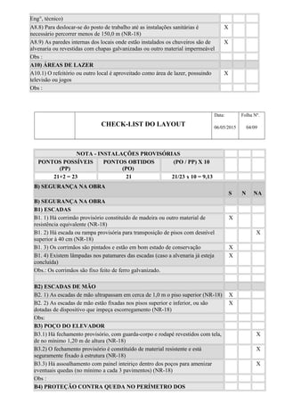 Eng°, técnico)
A8.8) Para deslocar-se do posto de trabalho até as instalações sanitárias é
necessário percorrer menos de 150,0 m (NR-18)
X
A8.9) As paredes internas dos locais onde estão instalados os chuveiros são de
alvenaria ou revestidas com chapas galvanizadas ou outro material impermeável
X
Obs :
A10) ÁREAS DE LAZER
A10.1) O refeitório ou outro local é aproveitado como área de lazer, possuindo
televisão ou jogos
X
Obs :
CHECK-LIST DO LAYOUT
Data:
06/05/2015
Folha Nº.
04/09
NOTA - INSTALAÇÕES PROVISÓRIAS
PONTOS POSSÍVEIS
(PP)
PONTOS OBTIDOS
(PO)
(PO / PP) X 10
21+2 = 23 21 21/23 x 10 = 9,13
B) SEGURANÇA NA OBRA
S N NA
B) SEGURANÇA NA OBRA
B1) ESCADAS
B1. 1) Há corrimão provisório constituído de madeira ou outro material de
resistência equivalente (NR-18)
X
B1. 2) Há escada ou rampa provisória para transposição de pisos com desnível
superior à 40 cm (NR-18)
X
B1. 3) Os corrimãos são pintados e estão em bom estado de conservação X
B1. 4) Existem lâmpadas nos patamares das escadas (caso a alvenaria já esteja
concluída)
X
Obs.: Os corrimãos são fixo feito de ferro galvanizado.
B2) ESCADAS DE MÃO
B2. 1) As escadas de mão ultrapassam em cerca de 1,0 m o piso superior (NR-18) X
B2. 2) As escadas de mão estão fixadas nos pisos superior e inferior, ou são
dotadas de dispositivo que impeça escorregamento (NR-18)
X
Obs:
B3) POÇO DO ELEVADOR
B3.1) Há fechamento provisório, com guarda-corpo e rodapé revestidos com tela,
de no mínimo 1,20 m de altura (NR-18)
X
B3.2) O fechamento provisório é constituído de material resistente e está
seguramente fixado à estrutura (NR-18)
X
B3.3) Há assoalhamento com painel inteiriço dentro dos poços para amenizar
eventuais quedas (no mínimo a cada 3 pavimentos) (NR-18)
X
Obs :
B4) PROTEÇÃO CONTRA QUEDA NO PERÍMETRO DOS
 