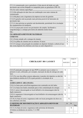 C3.1) A comunicação com o guincheiro é feita através de botão em cada
pavimento que aciona lâmpada ou campainha junto ao guincheiro (NR-18)
X
• Se for outro sistema especifique:__________________________________ X
C3.2) Há utilização de tubo fone em combinação com outro sistema de
comunicação
X
C3.3) Há placa com a logomarca da empresa na torre do guincho X
C3.4) O guincho está na posição mais próxima possível do baricentro do
pavimento tipo
X
C3.5) A área próxima ao guincho está desobstruída, permitindo livre circulação
dos equipamentos de transporte
X
C3.6) As peças para acesso nos pavimentos são amplas, facilitando a
carga/descarga e o estoque provisório de materiais nestes locais
X
Obs :
C4) ARMAZENAMENTO DE MATERIAIS
CIMENTO
C4.1) Existe estrado sob o estoque de cimento X
C4.2) As pilhas de cimento tem no máximo 10 sacos X
C4.3) O estoque está protegido da umidade em depósito fechado e coberto.(Caso
não exista depósito há cobertura com lona ou outro dispositivo)
X
CHECK-LIST DO LAYOUT
Data:
06/05/2015
Folha Nº.
08/09
C4.4) É praticada estocagem do tipo PEPS (o primeiro saco à entrar é o
primeiro à sair), utilizando, por exemplo, marcação da data de entrega em cada
saco.
X
C4.5) No caso das pilhas estarem adjacentes à paredes (do depósito ou não) há
uma distância mínima de 0,30 m para permitir a circulação de ar
X
Obs :
AGREGADOS E ARGAMASSA
C4.6) As baias para areia/brita/argamassa tem contenção em três lados X
C4.7) As baias tem fundo cimentado para evitar contaminação do estoque X
C4.8) A areia é descarregada no local definitivo de armazenagem (não há
duplo manuseio)
X
C4.9) A argamassa é descarregada no local definitivo de armazenagem (não há
duplo manuseio)
X
C4.10) As baias de areia e argamassa estão em locais protegidos da chuva ou
tem cobertura com lona
X
C) SISTEMA DE MOVIMENTAÇÃO E ARMAZENAMENTO DE
MATERIAIS
S N
NA
C4.11) As baias de areia e argamassa estão próximas da betoneira
• Estime as distâncias em metros: 5 A 10M
X
Obs :
 