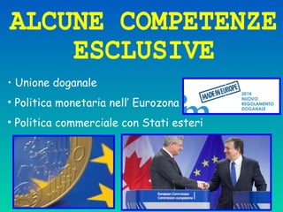 • Unione doganale
• Politica monetaria nell’ Eurozona
• Politica commerciale con Stati esteri
 