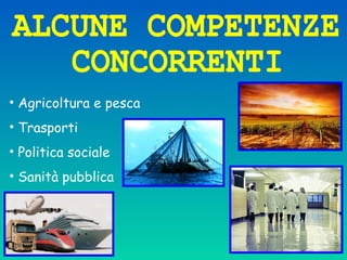 • Agricoltura e pesca
• Trasporti
• Politica sociale
• Sanità pubblica
 