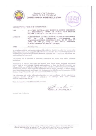 CHED memo endorsing participation in PAARL's National Summer Conference in Dumaguete