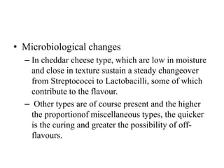 • Microbiological changes
– In cheddar cheese type, which are low in moisture
and close in texture sustain a steady changeover
from Streptococci to Lactobacilli, some of which
contribute to the flavour.
– Other types are of course present and the higher
the proportionof miscellaneous types, the quicker
is the curing and greater the possibility of off-
flavours.
 