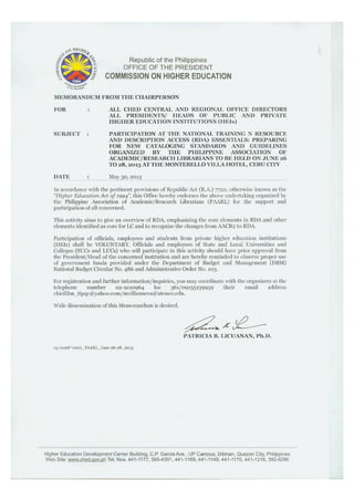 CHED Memo for RDA national training of PAARL in Cebu