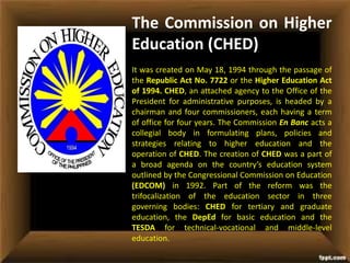 The Commission on Higher
Education (CHED)
It was created on May 18, 1994 through the passage of
the Republic Act No. 7722 or the Higher Education Act
of 1994. CHED, an attached agency to the Office of the
President for administrative purposes, is headed by a
chairman and four commissioners, each having a term
of office for four years. The Commission En Banc acts a
collegial body in formulating plans, policies and
strategies relating to higher education and the
operation of CHED. The creation of CHED was a part of
a broad agenda on the country’s education system
outlined by the Congressional Commission on Education
(EDCOM) in 1992. Part of the reform was the
trifocalization of the education sector in three
governing bodies: CHED for tertiary and graduate
education, the DepEd for basic education and the
TESDA for technical-vocational and middle-level
education.
 