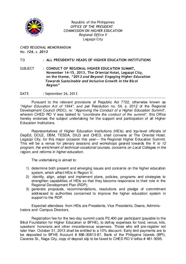 thank networking letter you Memo 2013 Regional Summit for Regional CHED Education Higher