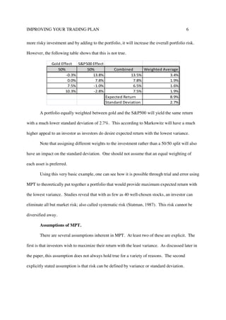 IMPROVING YOUR TRADING PLAN 6
more risky investment and by adding to the portfolio, it will increase the overall portfolio risk.
However, the following table shows that this is not true.
Gold Effect S&P500 Effect
50% 50% Combined Weighted Average
-0.3% 13.8% 13.5% 3.4%
0.0% 7.8% 7.8% 1.9%
7.5% -1.0% 6.5% 1.6%
10.3% -2.8% 7.5% 1.9%
Expected Return 8.9%
Standard Deviation 2.7%
A portfolio equally weighted between gold and the S&P500 will yield the same return
with a much lower standard deviation of 2.7%. This according to Markowitz will have a much
higher appeal to an investor as investors do desire expected return with the lowest variance.
Note that assigning different weights to the investment rather than a 50/50 split will also
have an impact on the standard deviation. One should not assume that an equal weighting of
each asset is preferred.
Using this very basic example, one can see how it is possible through trial and error using
MPT to theoretically put together a portfolio that would provide maximum expected return with
the lowest variance. Studies reveal that with as few as 40 well-chosen stocks, an investor can
eliminate all but market risk; also called systematic risk (Statman, 1987). This risk cannot be
diversified away.
Assumptions of MPT.
There are several assumptions inherent in MPT. At least two of these are explicit. The
first is that investors wish to maximize their return with the least variance. As discussed later in
the paper, this assumption does not always hold true for a variety of reasons. The second
explicitly stated assumption is that risk can be defined by variance or standard deviation.
 