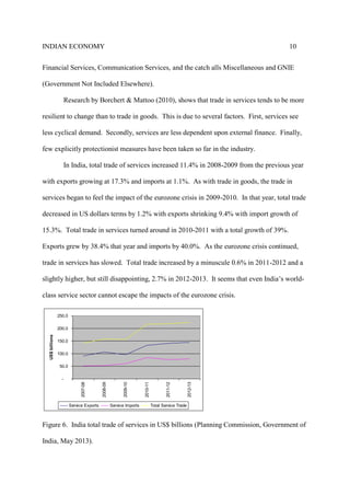 INDIAN ECONOMY 10
Financial Services, Communication Services, and the catch alls Miscellaneous and GNIE
(Government Not Included Elsewhere).
Research by Borchert & Mattoo (2010), shows that trade in services tends to be more
resilient to change than to trade in goods. This is due to several factors. First, services see
less cyclical demand. Secondly, services are less dependent upon external finance. Finally,
few explicitly protectionist measures have been taken so far in the industry.
In India, total trade of services increased 11.4% in 2008-2009 from the previous year
with exports growing at 17.3% and imports at 1.1%. As with trade in goods, the trade in
services began to feel the impact of the eurozone crisis in 2009-2010. In that year, total trade
decreased in US dollars terms by 1.2% with exports shrinking 9.4% with import growth of
15.3%. Total trade in services turned around in 2010-2011 with a total growth of 39%.
Exports grew by 38.4% that year and imports by 40.0%. As the eurozone crisis continued,
trade in services has slowed. Total trade increased by a minuscule 0.6% in 2011-2012 and a
slightly higher, but still disappointing, 2.7% in 2012-2013. It seems that even India’s world-
class service sector cannot escape the impacts of the eurozone crisis.
-
50.0
100.0
150.0
200.0
250.0
2007-08
2008-09
2009-10
2010-11
2011-12
2012-13
US$billions
Service Exports Service Imports Total Service Trade
Figure 6. India total trade of services in US$ billions (Planning Commission, Government of
India, May 2013).
 