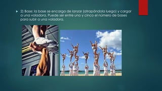  2) Base: la base se encarga de lanzar (atrapándola luego) y cargar
a una voladora. Puede ser entre uno y cinco el número de bases
para subir a una voladora.
 