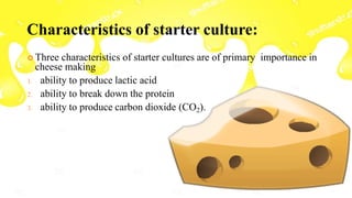Characteristics of starter culture:
 Three characteristics of starter cultures are of primary importance in
cheese making
1. ability to produce lactic acid
2. ability to break down the protein
3. ability to produce carbon dioxide (CO2).
 