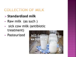  Standardized milk
 Raw milk (as such )
 sick cow milk (antibiotic
treatment)
 Pasteurized
 