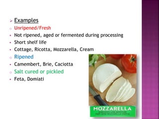  Examples
o Unripened/Fresh
 Not ripened, aged or fermented during processing
 Short shelf life
 Cottage, Ricotta, Mozzarella, Cream
o Ripened
 Camembert, Brie, Caciotta
o Salt cured or pickled
 Feta, Domiati
 