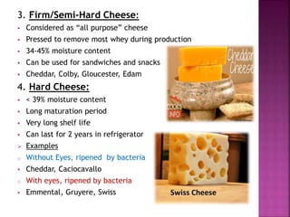 3. Firm/Semi-Hard Cheese:
 Considered as “all purpose” cheese
 Pressed to remove most whey during production
 34-45% moisture content
 Can be used for sandwiches and snacks
 Cheddar, Colby, Gloucester, Edam
4. Hard Cheese:
 < 39% moisture content
 Long maturation period
 Very long shelf life
 Can last for 2 years in refrigerator
 Examples
o Without Eyes, ripened by bacteria
 Cheddar, Caciocavallo
o With eyes, ripened by bacteria
 Emmental, Gruyere, Swiss
 