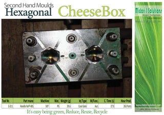 Hexagonal                                 CheeseBox                                                      Midori I Solutions
                                                                                                                   Almere - Netherlands
                                                                                                                        Kvk nr. 53591119

                                                                                                            Phone +31 (0) 616 085 399




Tool Nr.         Part mane      Machine   Mat. Weight (g)   Inj Type M/Func.    C. Time (s)   Hour Prod.
      3-311   Handle Refª 405       50T     PS       39.6   Cool Gate    Aut.          27'3     263 Parts   www.midori-solution.com
                                                                                                                MOL. 303 to 313/ No.02
                     It’s easy being green, Reduce, Reuse, Recycle
 