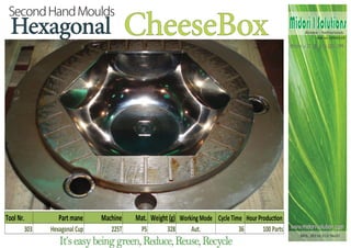 Hexagonal                            CheeseBox                                                Midori I Solutions
                                                                                                       Almere - Netherlands
                                                                                                             Kvk nr. 53591119


                                                                                                Phone +31 (0) 616 085 399




Tool Nr.        Part mane    Machine   Mat. Weight (g) Working Mode Cycle Time Hour Produc on
       303   Hexagonal Cup      225T     PS       328      Aut.             36       100 Parts www.midori-solution.com
                                                                                                    MOL. 303 to 313/ No.01
                It’s easy being green, Reduce, Reuse, Recycle
 