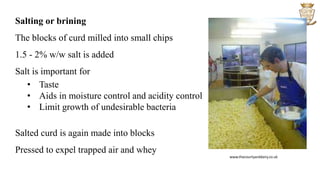 Salting or brining
The blocks of curd milled into small chips
1.5 - 2% w/w salt is added
Salt is important for
• Taste
• Aids in moisture control and acidity control
• Limit growth of undesirable bacteria
Salted curd is again made into blocks
Pressed to expel trapped air and whey
www.thecourtyarddairy.co.uk
 