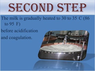 Second Step
The milk is gradually heated to 30 to 35 C (86
  to 95 F)
before acidification
and coagulation.
 