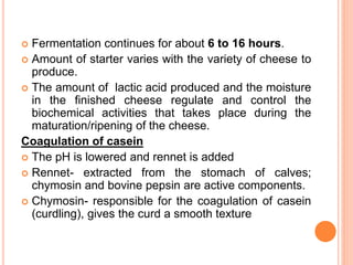  Fermentation continues for about 6 to 16 hours.
 Amount of starter varies with the variety of cheese to
produce.
 The amount of lactic acid produced and the moisture
in the finished cheese regulate and control the
biochemical activities that takes place during the
maturation/ripening of the cheese.
Coagulation of casein
 The pH is lowered and rennet is added
 Rennet- extracted from the stomach of calves;
chymosin and bovine pepsin are active components.
 Chymosin- responsible for the coagulation of casein
(curdling), gives the curd a smooth texture
 