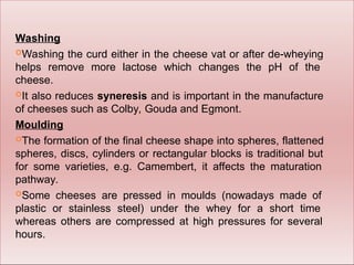 Washing
Washing the curd either in the cheese vat or after de-wheying
helps remove more lactose which changes the pH of the
cheese.
It also reduces syneresis and is important in the manufacture
of cheeses such as Colby, Gouda and Egmont.
Moulding
The formation of the final cheese shape into spheres, flattened
spheres, discs, cylinders or rectangular blocks is traditional but
for some varieties, e.g. Camembert, it affects the maturation
pathway.
Some cheeses are pressed in moulds (nowadays made of
plastic or stainless steel) under the whey for a short time
whereas others are compressed at high pressures for several
hours.
 