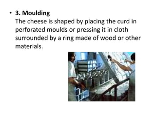 3. MouldingThe cheese is shaped by placing the curd in perforated moulds or pressing it in cloth surrounded by a ring made of wood or other materials.