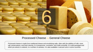 Processed cheese is made from traditional cheese and emulsifying salts, often with the addition of milk, more
salt, preservatives, and food coloring. It is inexpensive, consistent, and melts smoothly. It is sold packaged and
either pre-sliced or unsliced, in a number of varieties. It is also available in aerosol cans in some countries.
Processed Cheese VS General Cheese
6
 