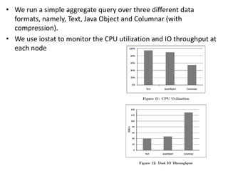 • We run a simple aggregate query over three different data
  formats, namely, Text, Java Object and Columnar (with
  compression).
• We use iostat to monitor the CPU utilization and IO throughput at
  each node
 