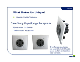 Cheetah


  What Makes Us Unique!
     Cheetah “Enabled” Solutions



Case Study: Dryer/Range Receptacle
 Normal Install: ...