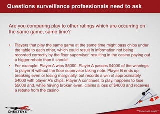 Questions surveillance professionals need to ask,[object Object],Are you comparing play to other ratings which are occurring on the same game, same time?,[object Object],Players that play the same game at the same time might pass chips under the table to each other, which could result in information not being recorded correctly by the floor supervisor, resulting in the casino paying out a bigger rebate than it should,[object Object],For example: Player A wins $5000. Player A passes $4000 of the winnings to player B without the floor supervisor taking note. Player B ends up breaking even or losing marginally, but records a win of approximately $4000 with player A’s chips. Player A continues to play, happens to lose $5000 and, while having broken even, claims a loss of $4000 and receives a rebate from the casino,[object Object]