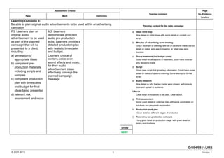 D/504/0511/URS
© OCR 2015 5 Version 1
Assessment Criteria
Teacher comment
Page
No./Evidence
location
Pass Merit Distinction
Learning Outcome 3:
Be able to plan original audio advertisements to be used within an advertising
campaign
Planning content for the radio campaign
P3: Learners plan an
original audio
advertisement to be used
as part of the planned
campaign that will be
presented to a client,
including:
a) generation of
appropriate ideas
b) competent pre-
production materials
including scripts and
samples
c) competent production
plan with timescales
and budget for final
ideas being presented
d) relevant risk
assessment and recce
M3: Learners
demonstrate proficient
audio pre-production
skills. Learners provide a
detailed production plan
with realistic timescales
and budget.
Learners choice of
content, voice over,
sound effects and music
for their audio
advertisement ideas
effectively conveys the
planned campaign
message
a) Ideas mind map
Nice detail on initial ideas with some detail on content and
script.
b) Minutes of advertising team meeting
Only 1 example of meeting, with list of decisions made, but no
detail on dates, who was in meeting, or what roles were
decided.
c) Group treatment (inc budget costs)
Good detail on all aspects of treatment, could have more on
why decisions made.
d) Script
Good clear script that gives key information. Could have some
detail on dates of opening evening. Some attempt to format
script.
e) Audio research
Nice detail on why the two tracks were chosen, with links to
style and appeal to audience.
f)Recce
Clear detail on locations to be used. Clear layout.
g) Risk assessment
Some good detail on potential risks with some good detail on
solutions and personnel responsible.
h) Production work plan
Good detail on different stages of production
i) Recording day production schedule
Very good detail on production stage, with great detail on
timing and locations.
Grade
MERIT
 