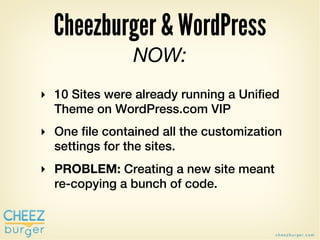 Cheezburger & WordPress
                NOW:
‣ 10 Sites were already running a Unified
  Theme on WordPress.com VIP
‣ One ...