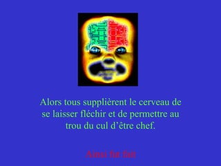 Alors tous supplièrent le cerveau de se laisser fléchir et de permettre au trou du cul d’être chef. Ainsi fut fait 