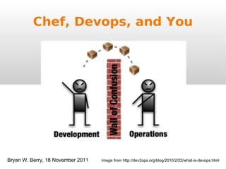 Chef, Devops, and You Image from http://dev2ops.org/blog/2010/2/22/what-is-devops.html Bryan W. Berry, 18 November 2011 