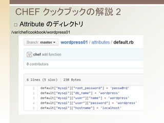 ? Attribute Υǥ쥯ȥ
CHEF å֥åνh 2
/var/chef/cookbook/wordpress01	
 
