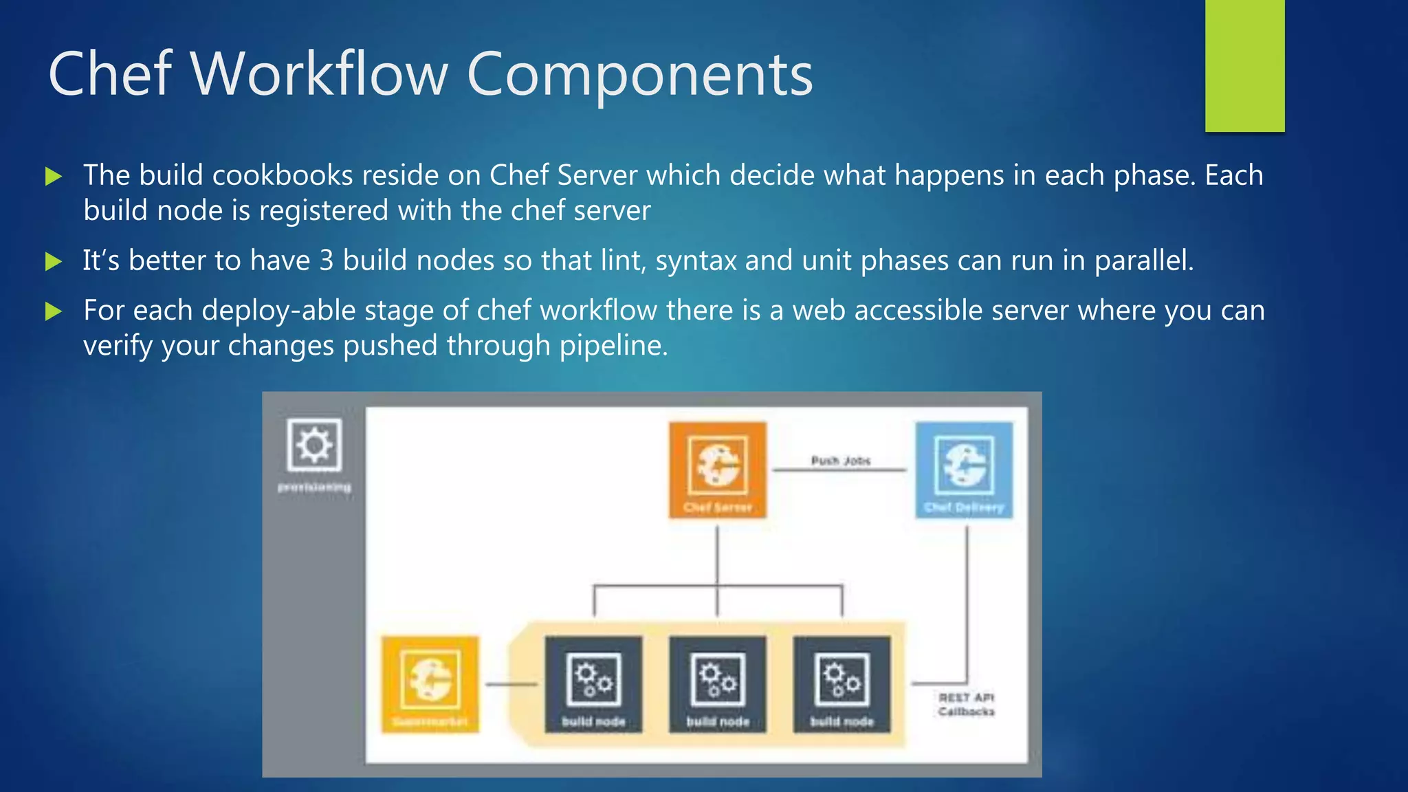 Chef Workflow Components
 The build cookbooks reside on Chef Server which decide what happens in each phase. Each
build node is registered with the chef server
 It’s better to have 3 build nodes so that lint, syntax and unit phases can run in parallel.
 For each deploy-able stage of chef workflow there is a web accessible server where you can
verify your changes pushed through pipeline.
 
