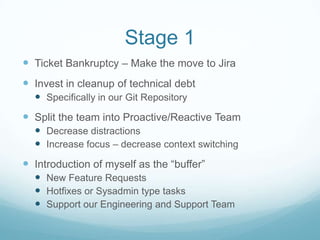 Stage 1
 Ticket Bankruptcy – Make the move to Jira
 Invest in cleanup of technical debt
   Specifically in our Git Repository
 Split the team into Proactive/Reactive Team
   Decrease distractions
   Increase focus – decrease context switching
 Introduction of myself as the “buffer”
   New Feature Requests
   Hotfixes or Sysadmin type tasks
   Support our Engineering and Support Team
 
