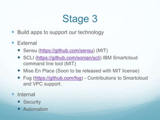 Stage 3
 Build apps to support our technology
 External
   Sensu (https://github.com/sensu) (MIT)
   SCLI (https://github.com/sonian/scli) IBM Smartcloud
    command line tool (MIT)
   Mise En Place (Soon to be released with MIT license)
   Fog (https://github.com/fog) - Contributions to Smartcloud
    and VPC support.

 Internal
   Security
   Automation
 